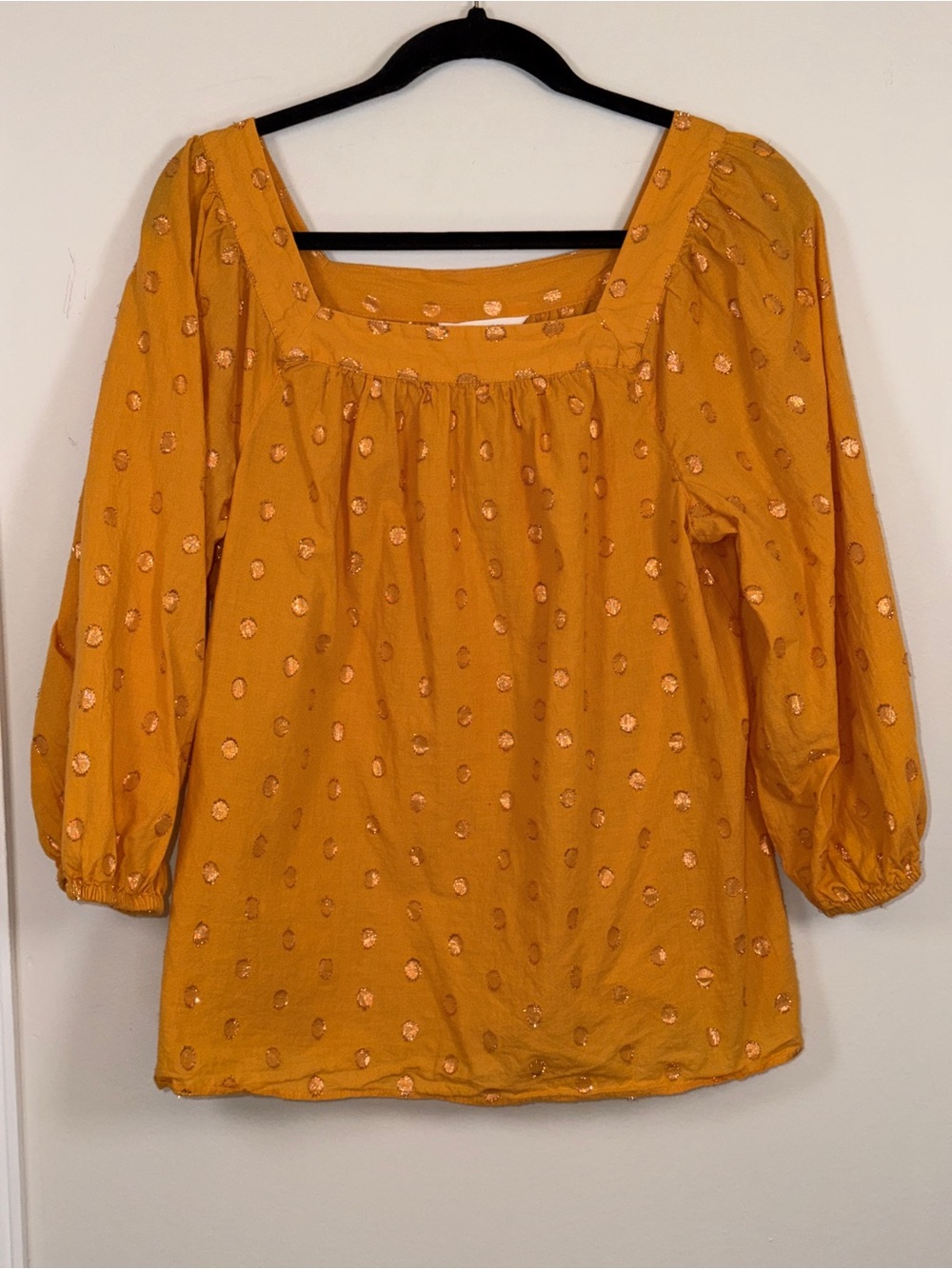 Lauren Conrad LC Gold Mustard Swiss Dot Blouse Square Neck Balloon 3/4 Sleeve L